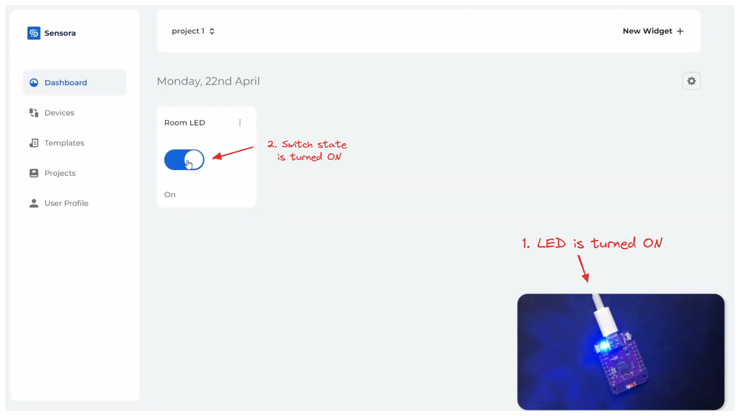 Sensora Cloud - LED toggle turned ON